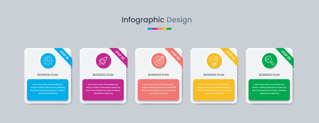 Business infographic design template with icons and 5 options or steps. Can be used for workflow, presentation, etc. Vector illustration