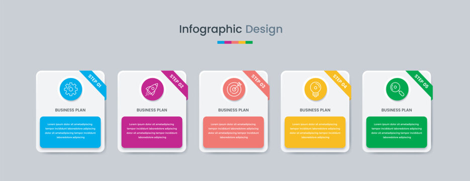Business infographic design template with icons and 5 options or steps. Can be used for workflow, presentation, etc. Vector illustration