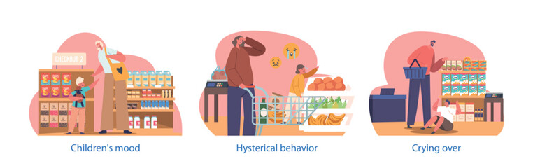 Isolated Elements With Flustered Children Characters Throwing Tantrums In The Supermarket, Shrieking And Crying