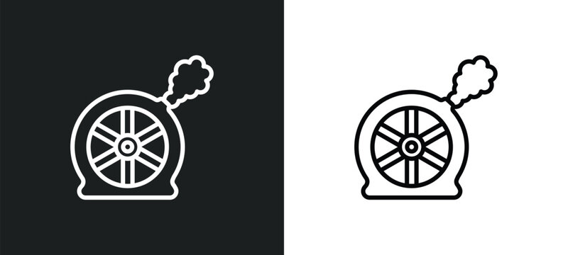 puncture in a wheel line icon in white and black colors. puncture in a wheel flat vector icon from puncture a wheel collection for web, mobile apps and ui.