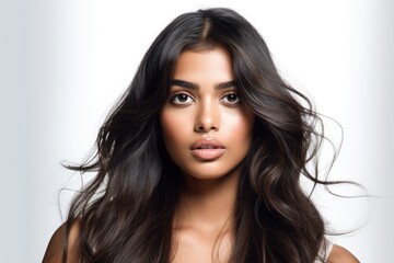 Naklejka premium portrait of young Indian woman black hair white background generative ai 