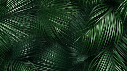 A detailed close-up view of green palm tree leaves