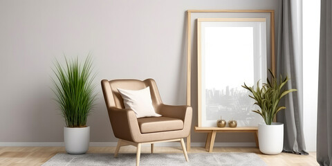Cozy beige interior mockup with armchair, empty frame for text, green plant in pot. Contemporary apartment scene with furniture. Template for banner. Generative ai