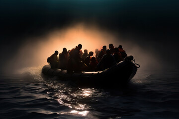 Overloaded small life boat full of illegal immigrants during refugee crisis in distress at the foggy night sea with copy space - obrazy, fototapety, plakaty