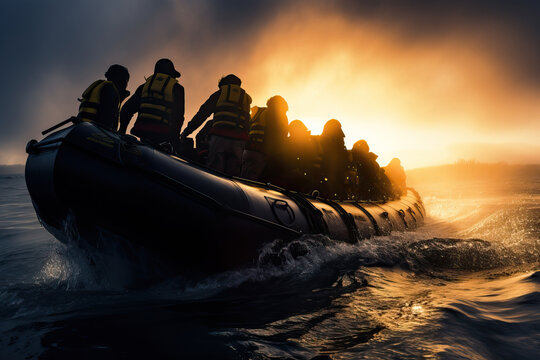 Overloaded life boat full of refugees wearing lifejackets, during migration crisis in distress at the foggy night sea with copy space