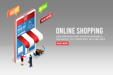 Woman and man characters shopping online process on smartphone.