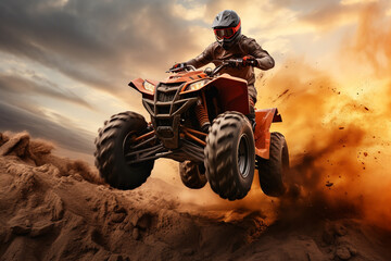 Man jumping atv vehicle on offroad track in touristic tour, extreme sport activities theme. ai generative - obrazy, fototapety, plakaty