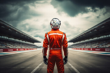 formula one pilot on the background of a racing car and the track, rear view. ai generative - obrazy, fototapety, plakaty