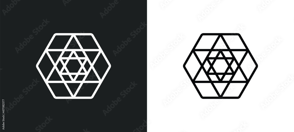 Poster triangle inside hexagon line icon in white and black colors. triangle inside hexagon flat vector ico