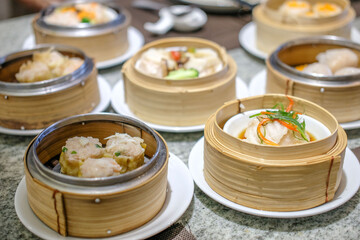 Various Dimsum in the stream basket on the table