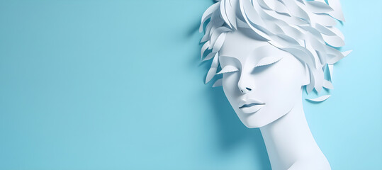 Paper art pretty women face on pastel blue background, free space, super sharp. AI generated