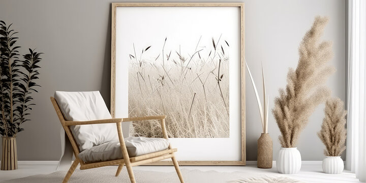 Boho beige interior mockup with armchair, empty frame for text, dry reeds, cane, pampas grass in pot. Vintage cozy apartment scene with furniture. Template for banner. Generative ai