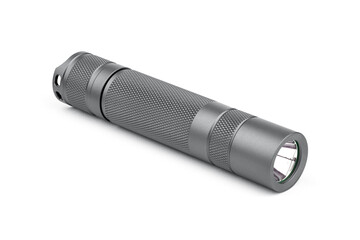 Modern aluminum LED Pocket Flashlight isolated on white background.	