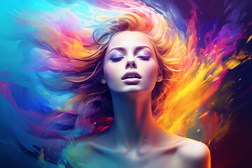 Obraz na płótnie Canvas beautiful fantasy abstract double exposure portrait of beautiful woman with colorful digital paint splash or space nebula. ai generative