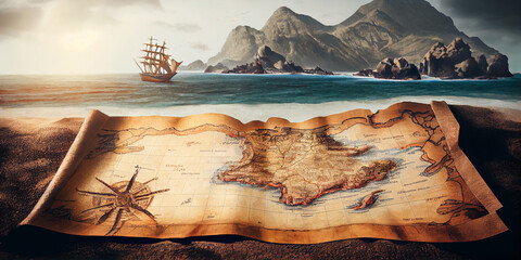 Image of an old paper pirate map. Generative AI