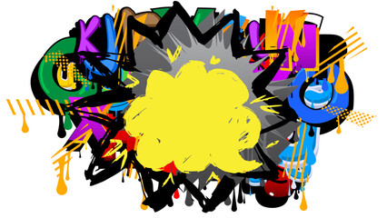 Multicolored Graffiti speech bubble isolated on white background. Abstract modern colorful street art decoration backdrop performed in urban painting style.