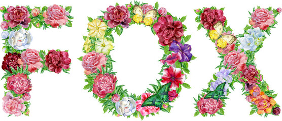 Word FOX of watercolor flowers for decoration