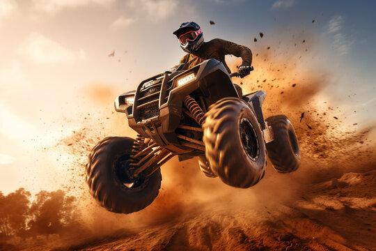 Man jumping atv vehicle on offroad track in touristic tour, extreme sport activities theme. ai generative