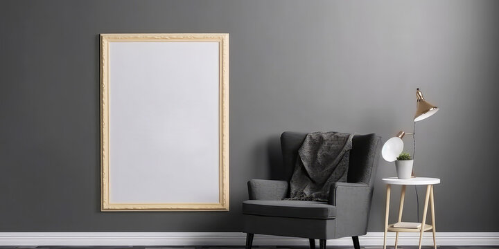 Cozy grey interior mockup with armchair, empty frame for text, torsher lamp.  Contemporary apartment scene with furniture. Template for banner. Generative ai