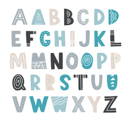 Scandinavian colorful font. Vector childish hand drawn alphabet. Hygge style letters. Happy day type family