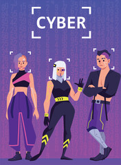 People with futuristic implants in cyberspace, poster with text, flat vector illustration.