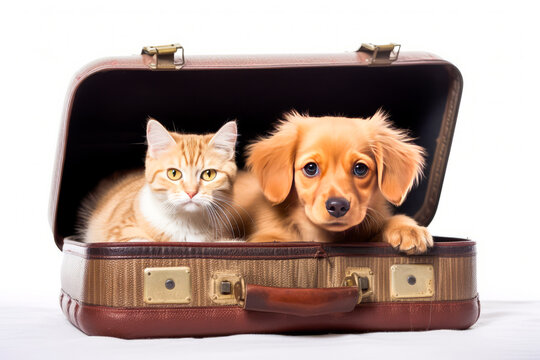 Charming scene of a cute dog and cat nestled in a travel suitcase, evoking emotions about pets during their owner's vacation - perfect for pet lovers. Generative AI