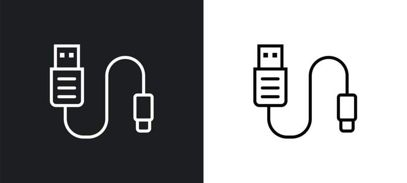 usb cable line icon in white and black colors. usb cable flat vector icon from usb cable collection for web, mobile apps and ui.