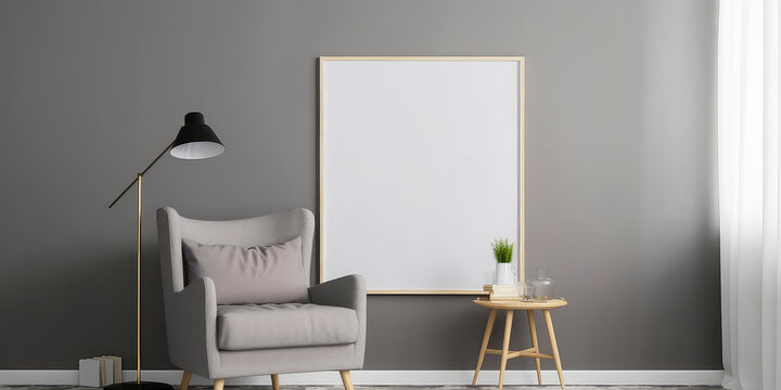 Cozy grey interior mockup with armchair, empty frame for text, torsher lamp.  Contemporary apartment scene with furniture. Template for banner. Generative ai