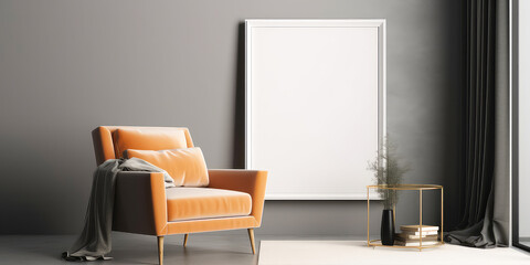 Cozy grey interior mockup with armchair, empty frame for text, torsher lamp.  Contemporary apartment scene with furniture. Template for banner. Generative ai
