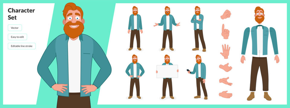 Illustration of ginger bearded man, wearing business casual clothing in a set of multiple poses. Easy to edit with editable line strokes and isolated on white background. Suitable for animation.