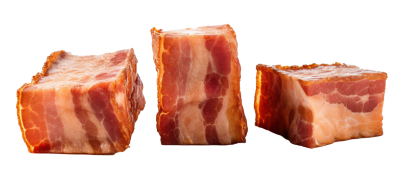 Set of three thick and fresh beef bacon slices on transparent background