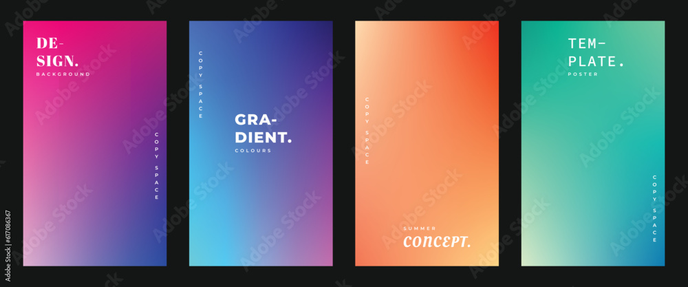 Wall mural Colorful smooth gradient background template copy space set. Colour gradation backdrop design for poster, banner, brochure, leaflet, pamphlet, cover, magazine, or flyer.