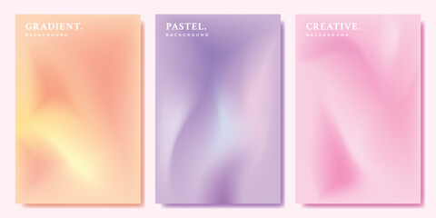 Colorful pastel gradient mesh background template copy space set. Orange, purple, and pink vertical backdrop design for poster, banner, leaflet, pamphlet, cover, brochure, magazine, flyer, or booklet.