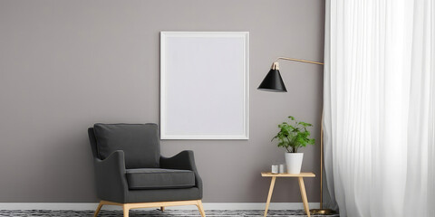 Cozy grey interior mockup with armchair, empty frame for text, torsher lamp.  Contemporary apartment scene with furniture. Template for banner. Generative ai