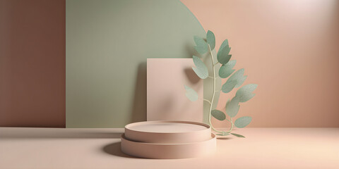 Obraz na płótnie Canvas 3D display podium. Pastel beige and green minimalistic background with pedestal stand and blooming Sakura brunch, for product display. AI generated