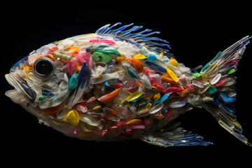 Animals, wildlife, environmental protection concept. Fish made from various colorful plastic waste like symbol of oceans, seas, rivers and lakes pollution. Generative AI