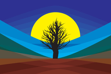 Illustration abstract of silhouette tree with yellow circle on multi color background.