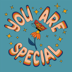 Motivating cartoon typographic composition. Isolated outline slogan You Are Special in flat 3d style. Text and daisy with butterfly on blue background with stars. Suitable for tshirt print, banner.