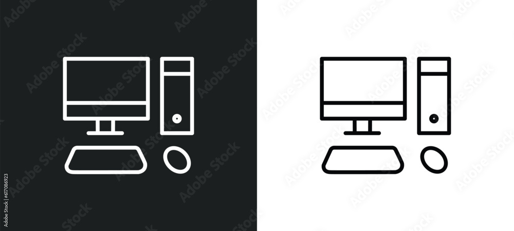 Poster pc with monitor line icon in white and black colors. pc with monitor flat vector icon from pc with m