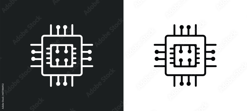 Poster computer micro chip line icon in white and black colors. computer micro chip flat vector icon from c