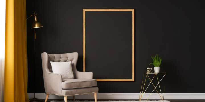  Dark interior mockup with armchair, empty frame for  text. Contemporary cozy apartment scene with furniture. Template for banner. Generative ai