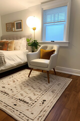 a white leather chair, blankets, pillows, and a small rug in a bedroom, in the style of modern minimalist, ai generative