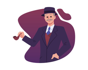 Victorian gray-haired mustachioed man of 19th century in suit with hat holds smoking pipe, vector isolated illustration