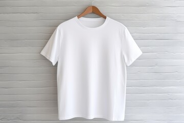 White tshirt mockup on hanger on wooden background, AI Generative