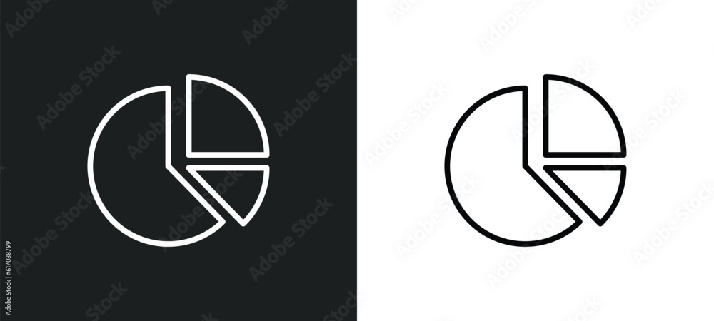 Poster pie chart statistics line icon in white and black colors. pie chart statistics flat vector icon from