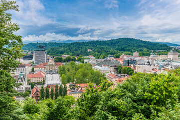Fototapeta na wymiar A view east from the castle above Ljubljana, Slovenia in summertime