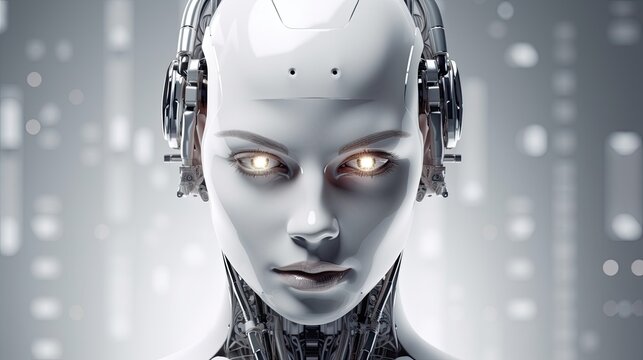 Android robot woman with white face and lamps in her eyes