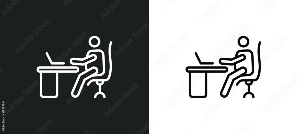 Poster man working at desk line icon in white and black colors. man working at desk flat vector icon from m