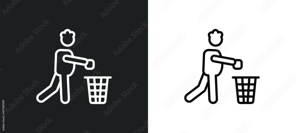 Poster throwing trash line icon in white and black colors. throwing trash flat vector icon from throwing tr
