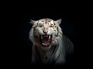 White tiger or bleached tiger isolated on black background. AI generated
